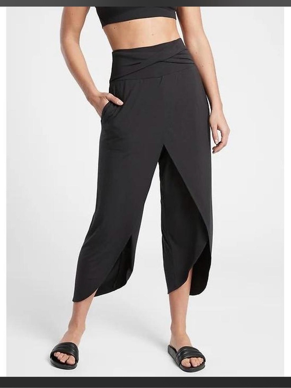 Athleta Release Pant Black Wide Leg Tulip
Wrap Front Yoga Travel Crop